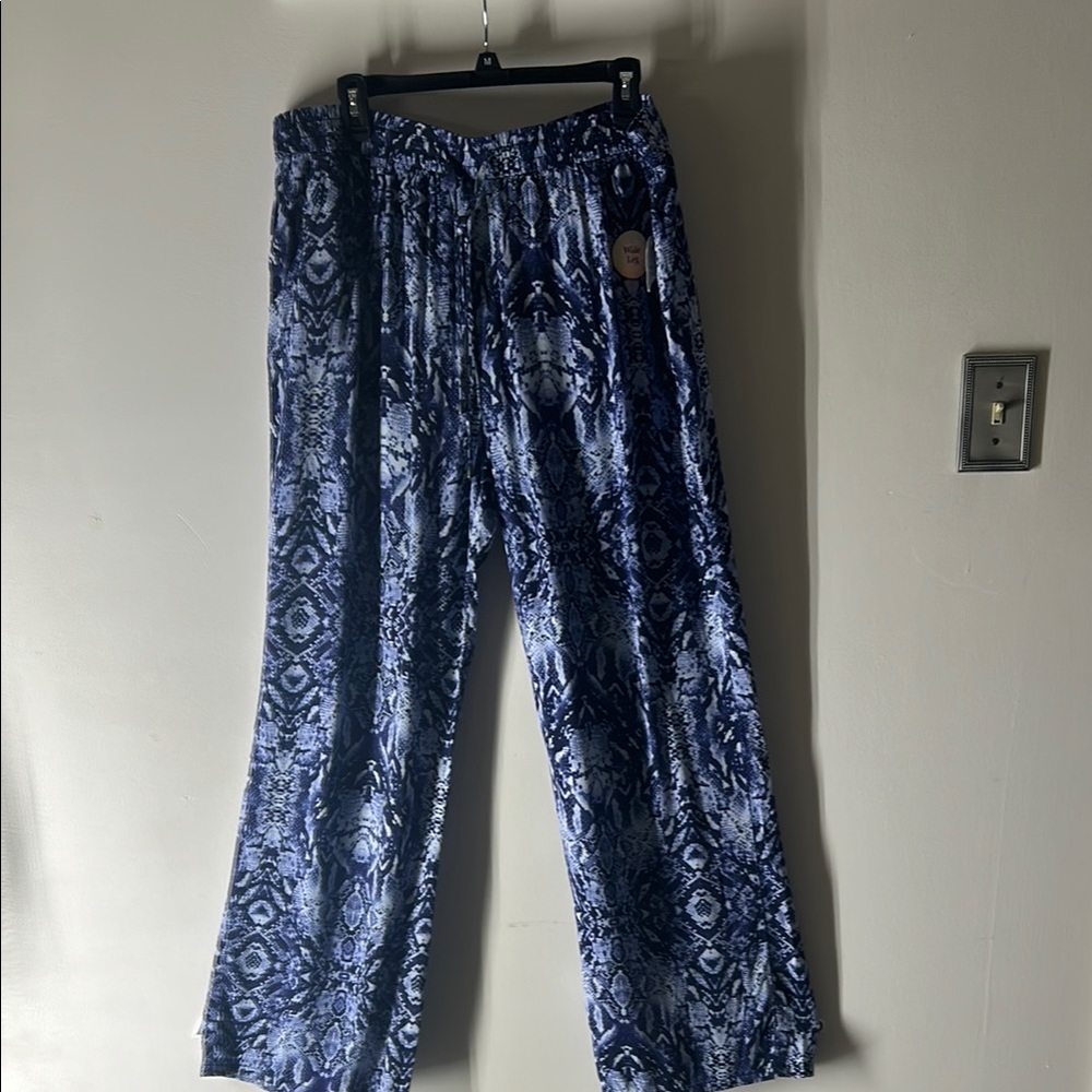 Blue Patterned Wide-Leg Pants